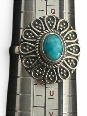 Turquoise Oval Stone Floral Silver Ring by Krush Kandy size 9.25 stamped